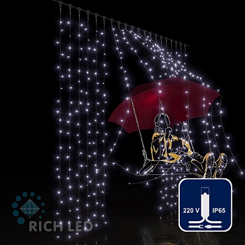 Светодиодный занавес (дождь) Rich LED 2*2 м, влагозащитный колпачок, белый, белый провод,