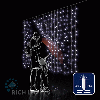 Светодиодный занавес Rich LED 2*1.5 м облегченный, влагозащитный колпачок, мерцание, белый, белый провод,