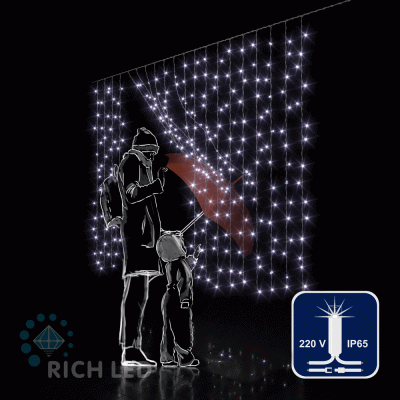 Светодиодный занавес Rich LED 2*1.5 м облегченный, влагозащитный колпачок, мерцание, белый, белый провод,
