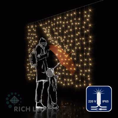 Светодиодный занавес Rich LED 2*1.5 м облегченный, влагозащитный колпачок, мерцание, тепло белый, белый провод,