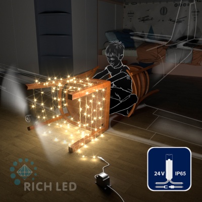 Светодиодная гирлянда Rich LED 10 м, 100 LED, 24В, соединяемая, влагозащитный колпачок, теплая белая, прозрачный провод,