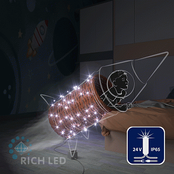 Светодиодная гирлянда Rich LED 10 м, 100 LED, 24В, соединяемая, влагозащитный колпачок, белая, мерцающая, прозрачный провод,
