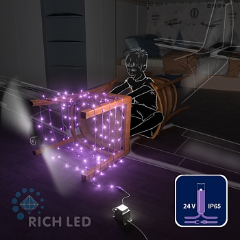Светодиодная гирлянда Rich LED 10 м, 100 LED, 24 В, соединяемая, фиолетовая, фиолетовый резиновый провод,