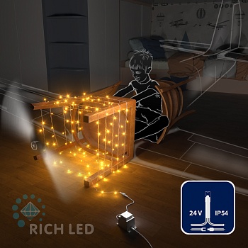 Светодиодная гирлянда Rich LED 10 м, 100 LED, 24 В, соединяемая, желтая, прозрачный провод,