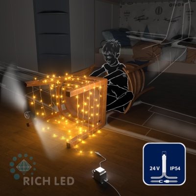 Светодиодная гирлянда Rich LED 10 м, 100 LED, 24 В, соединяемая, желтая, прозрачный провод,