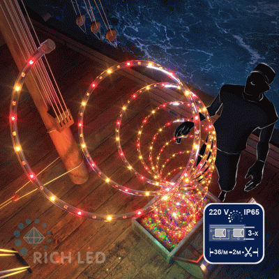 Светодиодный дюралайт Rich LED, 3-х проводной, мульти, кратность резки 2 метра, диаметр 13 мм, 220 В, 100 м.