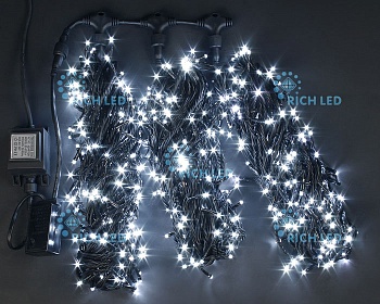 Светодиодная гирлянда Rich LED 3 Нити по 20 м с 2-х канальным контр., 600 LED, 24 В, белая, черный провод,