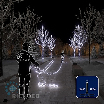 Светодиодная гирлянда Rich LED 5 Нитей по 20 м, 1000 LED, 24 В, белая, черный провод,
