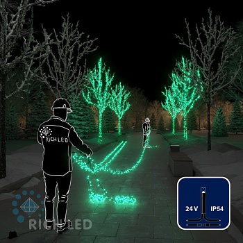 Светодиодная гирлянда Rich LED 5 Нитей по 20 м, 1000 LED, 24 В, зеленая, черный провод,