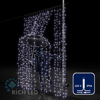 Светодиодный занавес (дождь) Rich LED 2*3 м, белый, прозрачный провод,