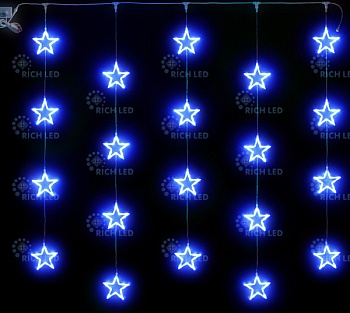 Светодиодный узорный занавес звезды Rich LED, размер 2*2 м, синий, прозрачный провод, 20 звезд, соединяемый, 220 В,