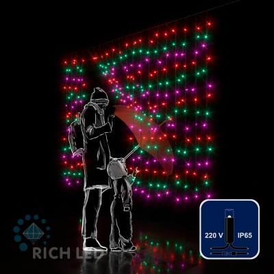 Светодиодный занавес (дождь) Rich LED 2*1.5 м облегченный, влагозащитный колпачок, мульти, черный провод,