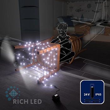 Светодиодная гирлянда Rich LED 10 м, 100 LED, 24В, соединяемая, влагозащитный колпачок, белая, черный провод,