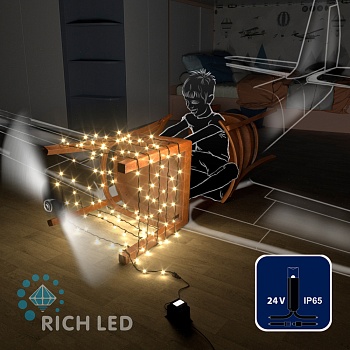 Светодиодная гирлянда Rich LED 10 м, 100 LED, 24В, соединяемая, влагозащитный колпачок, теплая белая, черный провод,