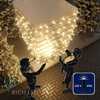 Светодиодная гирлянда Rich LED 10 м, 100 LED, 220 В, соединяемая, влагозащитный колпачок, теплая белая, мерцающая, черный провод,