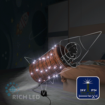 Светодиодная гирлянда Rich LED 100 м в бобине, 500 LED, 24 В, белая, полный флэш, черн/зел провод, резка 5 LED,