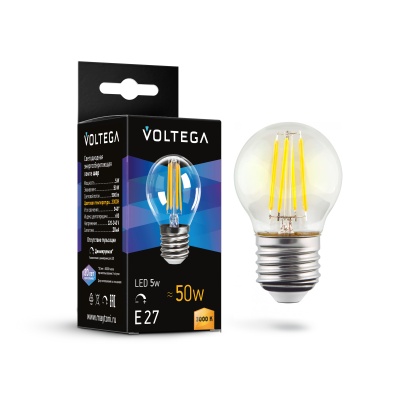 Светодиодная лампа 5W 3000K E27 DIM Voltega Crystal Globe 7202