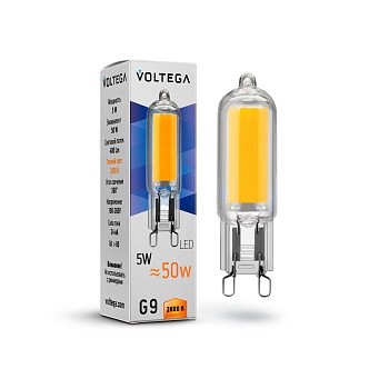 Лампа филаментная, G9, 5Вт, 400Lm, Ra80, 2800K, 220V, IP20 Voltega Capsule G9 7090